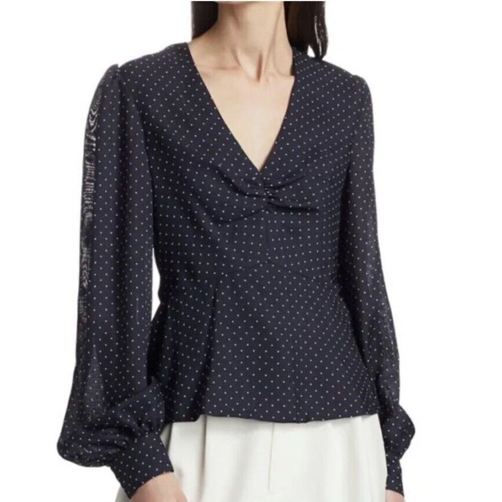 Alexis Avani Polka Dot Peplum Top Size XL Navy V-neck Balloon Sleeve New c16